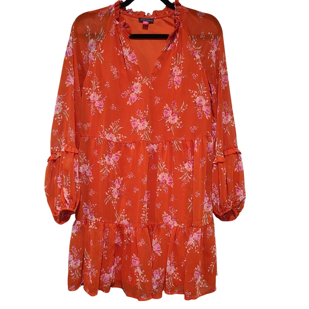 Vince Camuto Orange Floral Ruffle Tiered Mini Dress‎ XS Balloon Sleeve